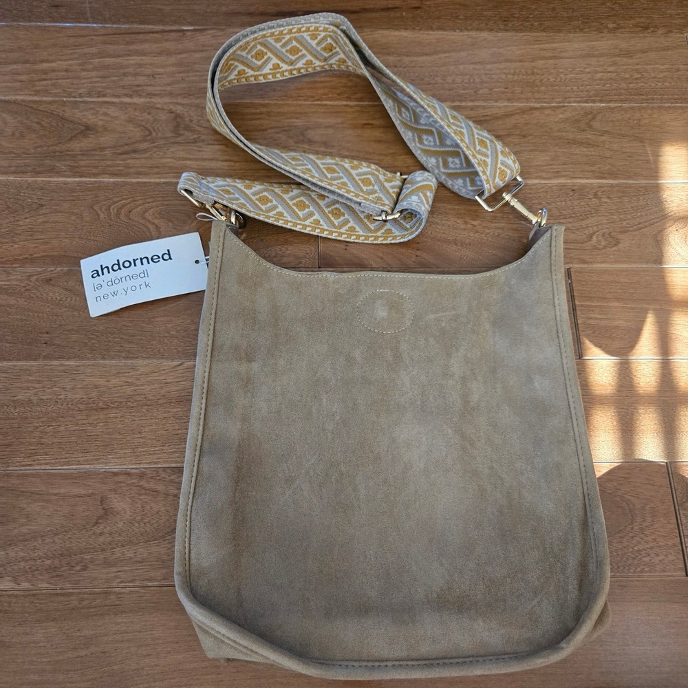 Ah-dorned Classic Vegan Suede Messenger Bag Mushroom Gold Hardware Guitar Strap